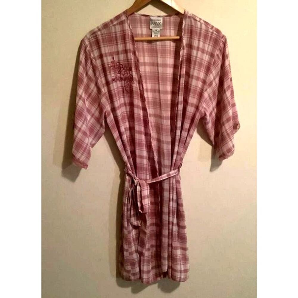 Madison & Max Womens Intimate Embellished Embroidered Flower Checkered Robe Sz M